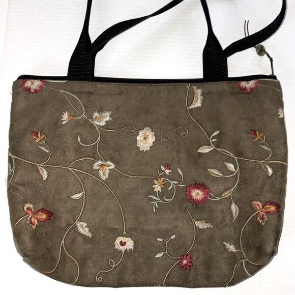 Sally Spicer Tote Bag Brown Red Floral Embroidery - Picture 2 of 6